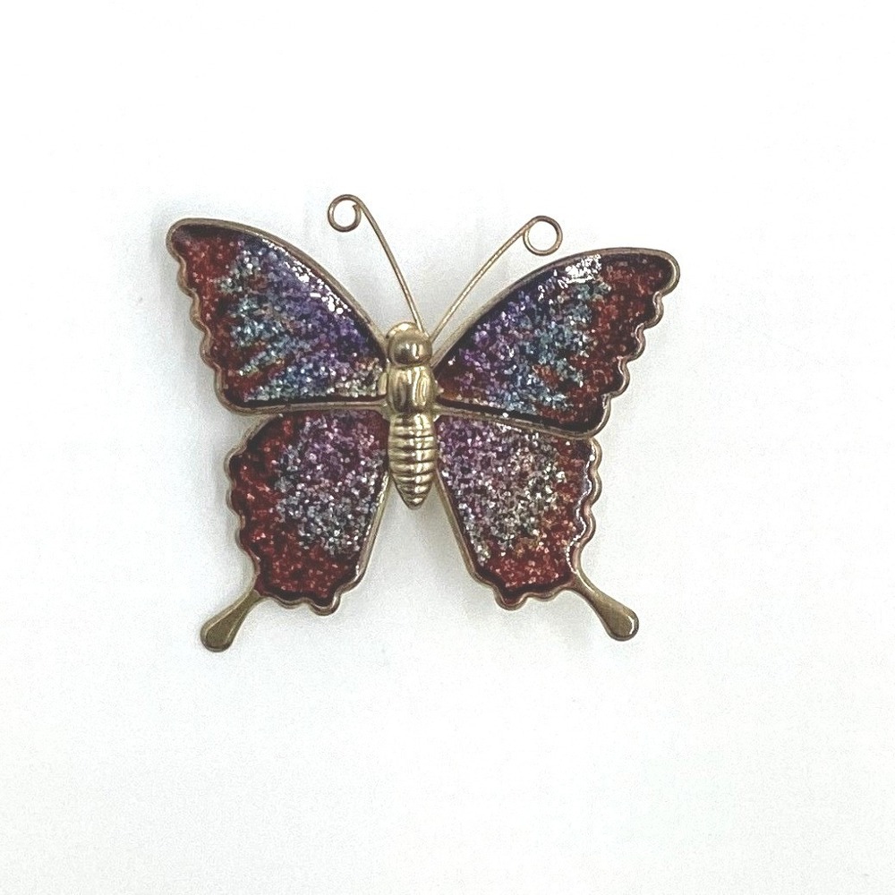 Vintage Butterfly Brooch Gold Tone Glitter Enamel Purple Red Blue Pin